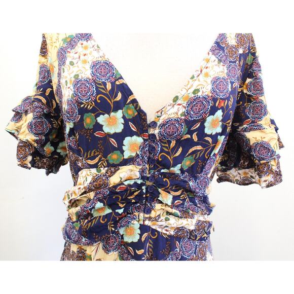 Abel the Label Navy Blue Floral Asymmetrical Hem Maxi Dress Size M Tie Waist - Picture 3 of 6